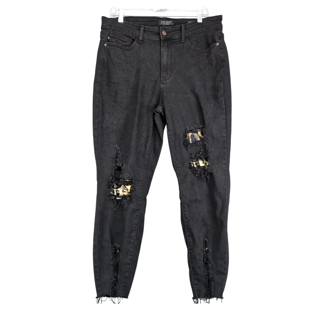 Judy Blue Black Skinny Jeans Womens 14W 34x26" Ankle Distressed Rip Animal Print